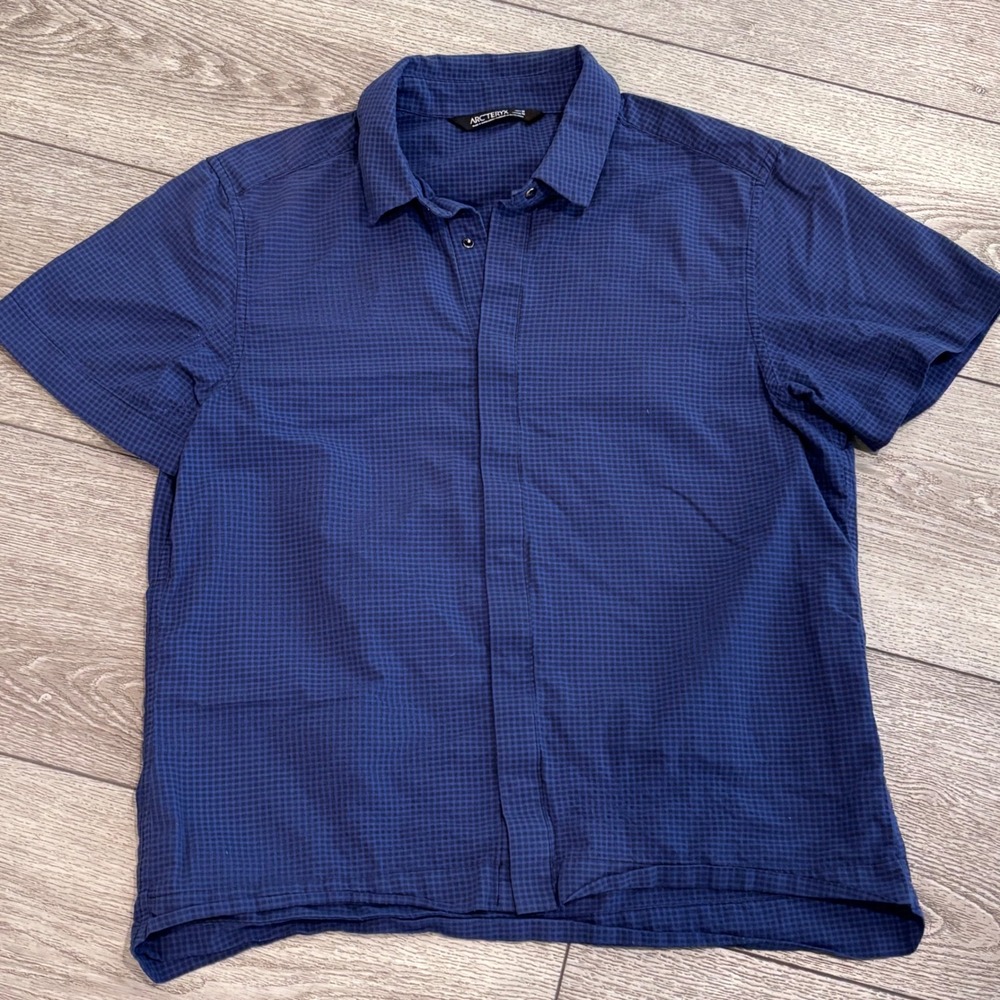 Arc'teryx Skyline Shirt Mens Medium Blue Micro Check Snap Short Sleeve Outdoor